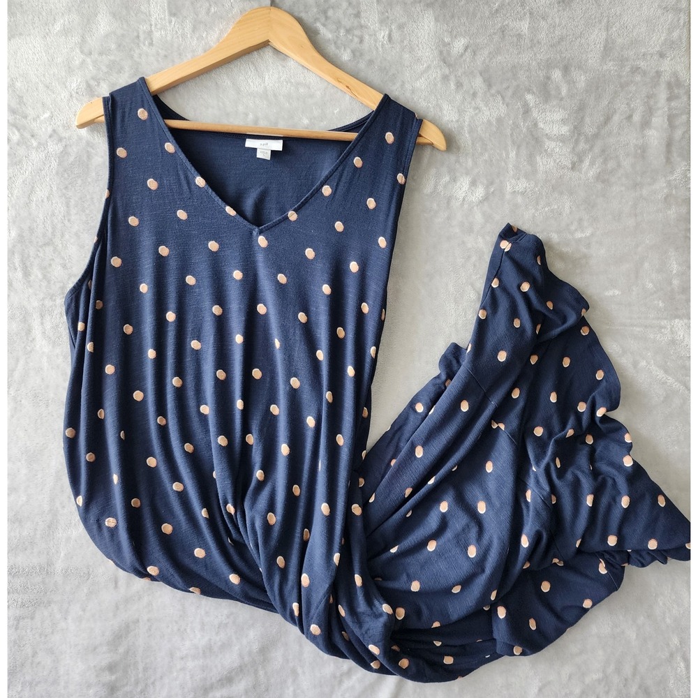 J. Jill Maxi Dress Womens Size Large Navy Blue Polka Dot Pockets Stretch Knit